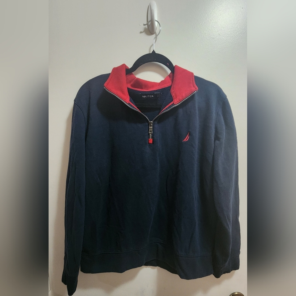 Nautica Men's Navy Quarter-Zip Sweater with Red Trim